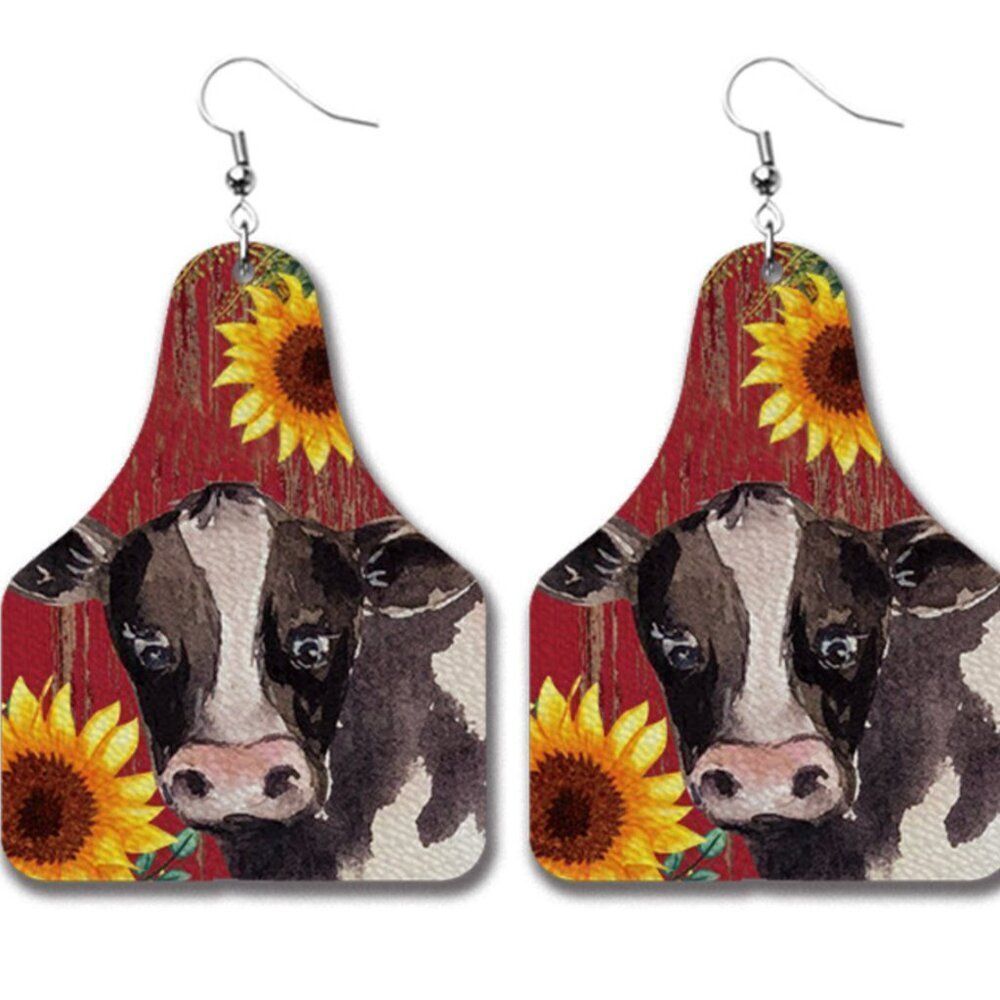 3For$20 Sunflower Cow Western Cow Tag Style Retro Leather Earrings